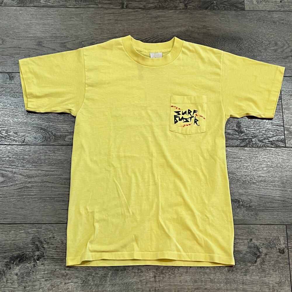 Vintage 80s Surf Buster Pocket T-Shirt Yellow Beach Graphic Single Stitch S/M